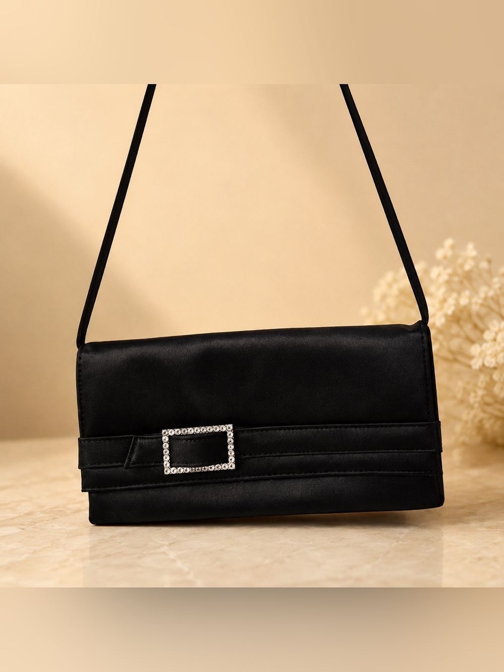 Vintage-Style Black Satin Evening Bag Rhinestone Buckle